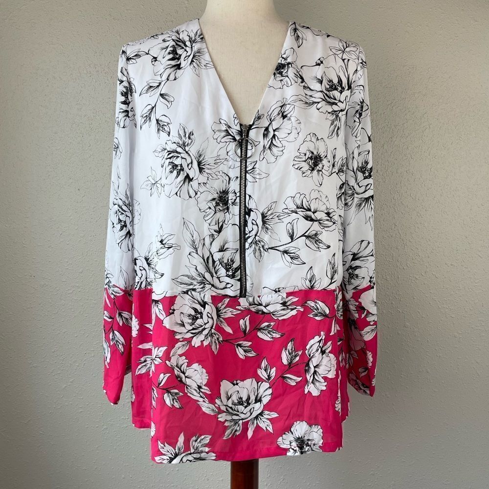 NWOT Alfani Half Zip Floral Blouse Top Size M